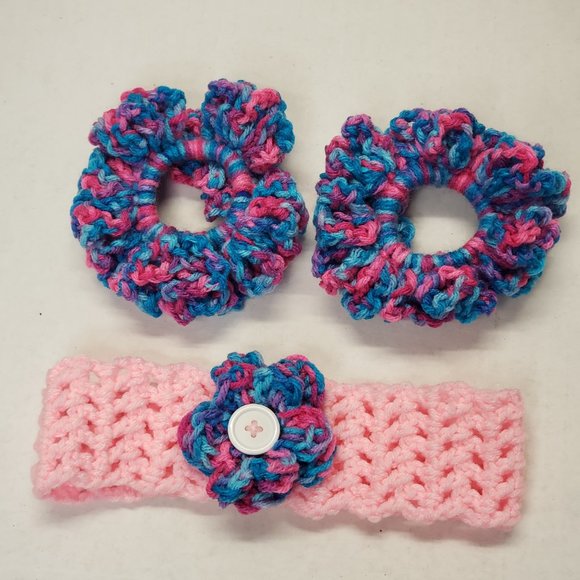 Woman's Handmade Crochet 2 Scrunchies and Flower Headband Bubblegum Multicolor - Picture 1 of 12